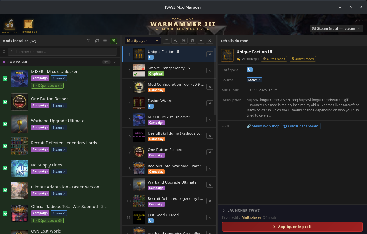 Total War Warhammer III Mod Manager sous Linux